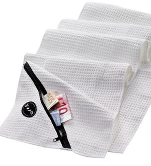 WHITE Smart & Absorbant Gym / Golf Towel With Zipper Pocket for Keys, Wallet, Cards, etc.